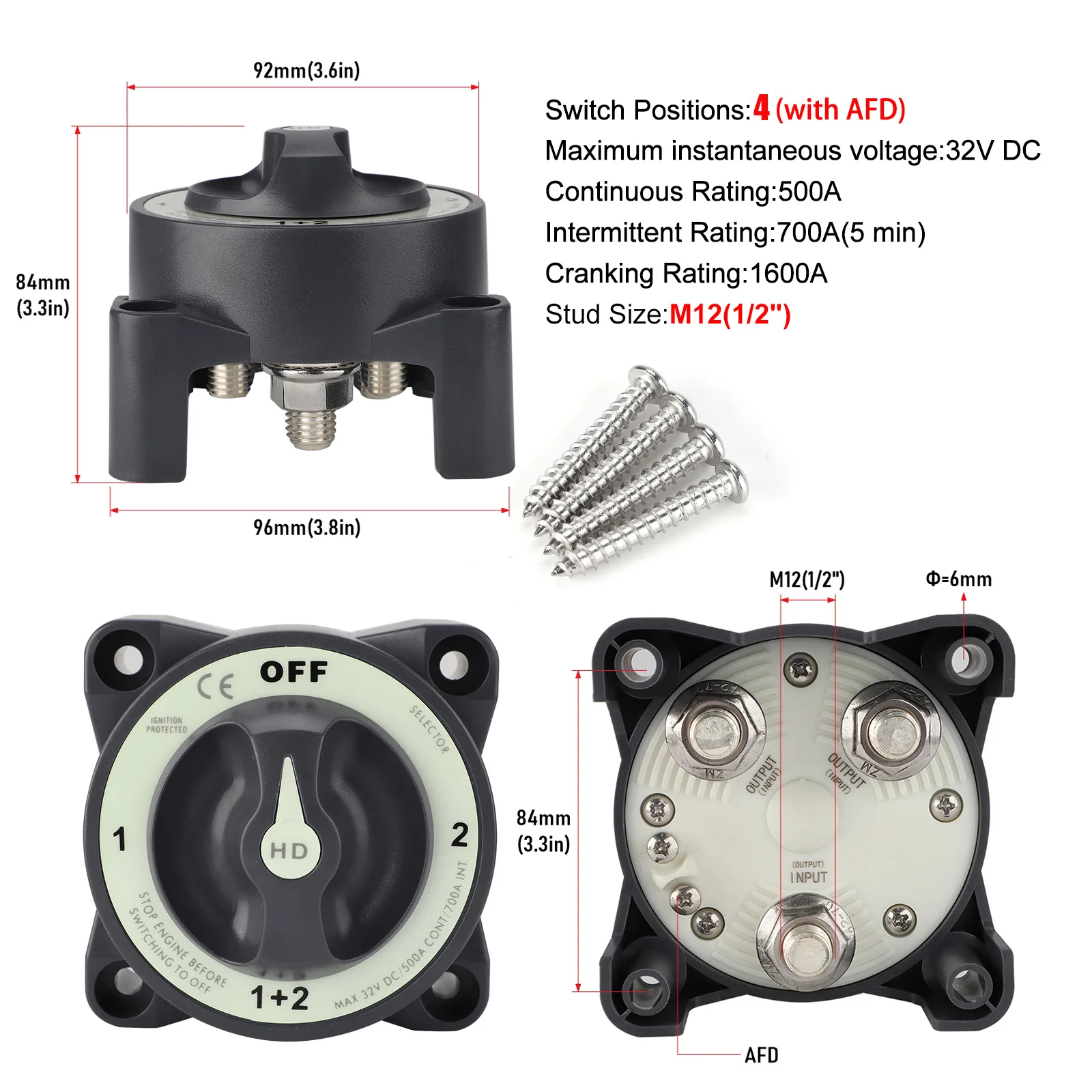 

48 В 500 А 4 отключателя батареи AFD 4-позиционный изолятор отключения M12 светящийся поворотный переключатель для морского лодки грузовика RV