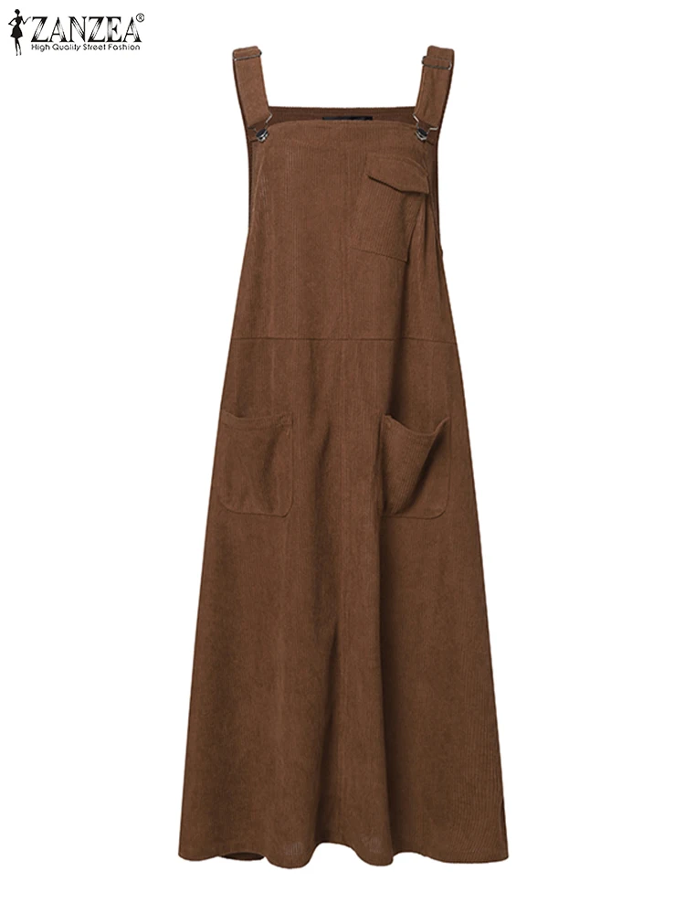 Винтажное вельветовое платье ZANZEA модный Однотонный сарафан на бретельках