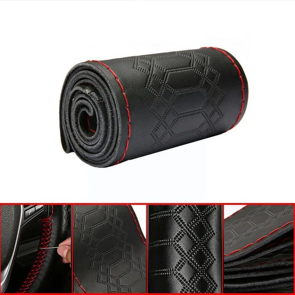 

38cm Universal Diy Car Steering Wheel Cover Black Genuine Thread Leather+red F4j4