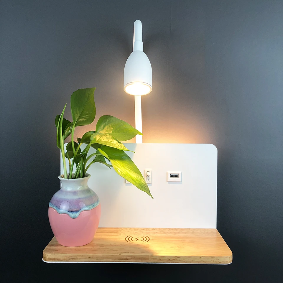 Modern LED Wall Lamp With Wireless Charging And USB Interface 360 ° Rotatable Wall Lamps With Switch Bedside Reading Night Light