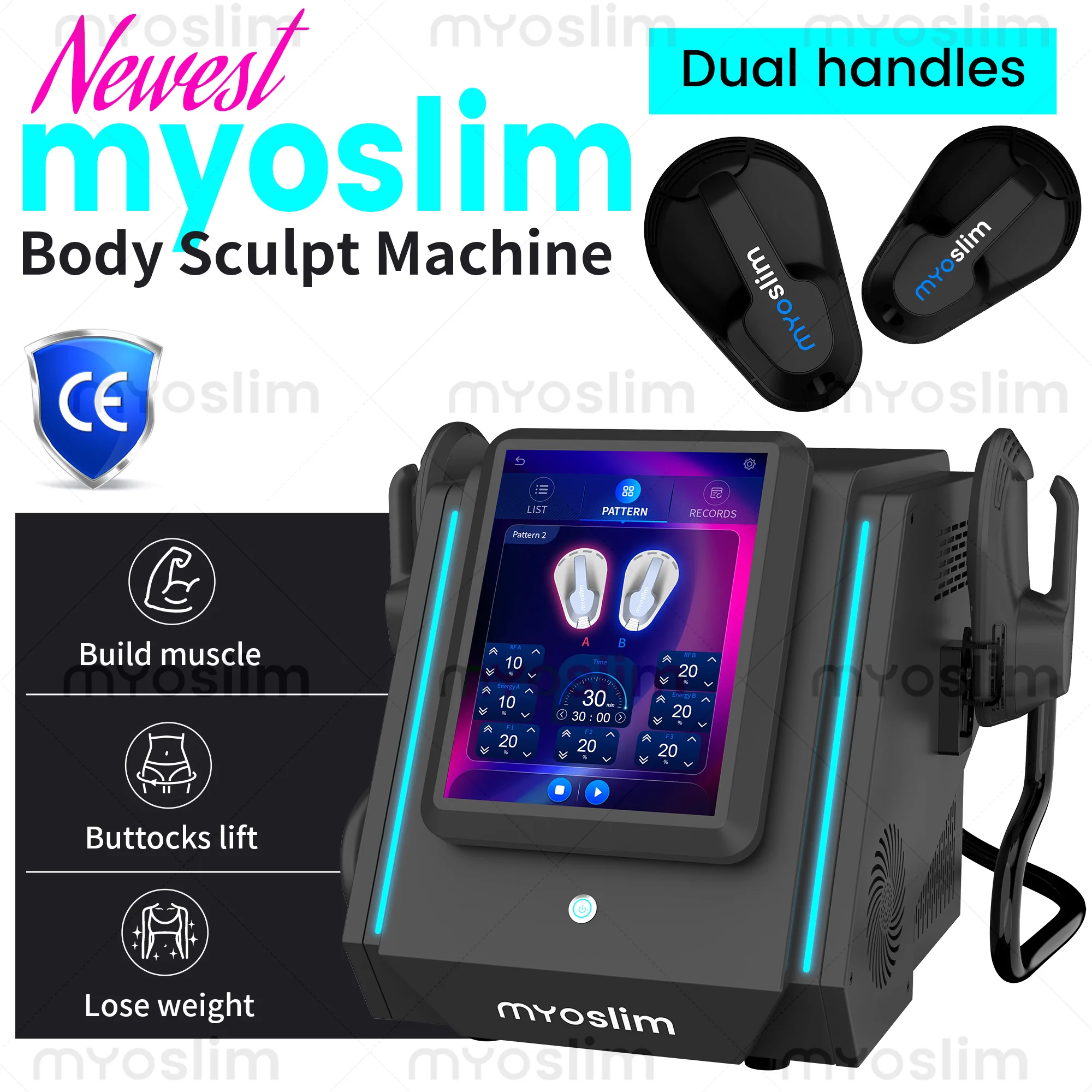 Фото Аппарат для коррекции фигуры Myoslim с двумя рукоятками: для наращивания мышц, подтяжки ягодиц, снижения веса и контурной пластики тела №1