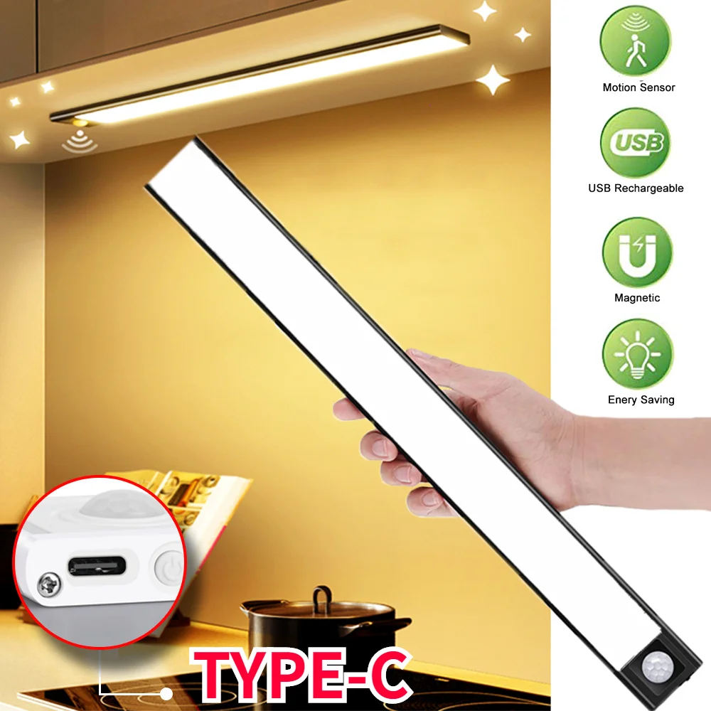 

LED Night Light 20/30/40/60CM Motion Sensor Wireless USB Cabinet Night Light Wardrobe Lamp for Kitchen Cabinet Bedroom Wardrobe