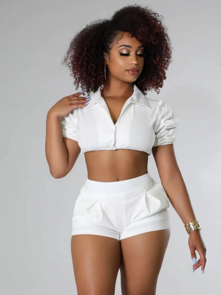 

2 Piece Matching Shorts Sets Fashion New Y2K Short Sleeve Shirt Crop Tops Female High Waist Slim Shorts Suits 2022 Summer