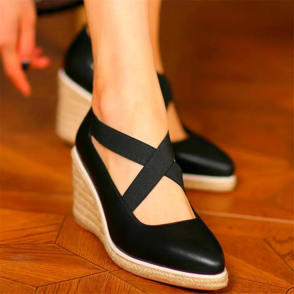 Mary Janes Loafers Women's Cow Leather Platform Wedge High Heels Pointed Toe Sandals Oxfords Casual Shoes