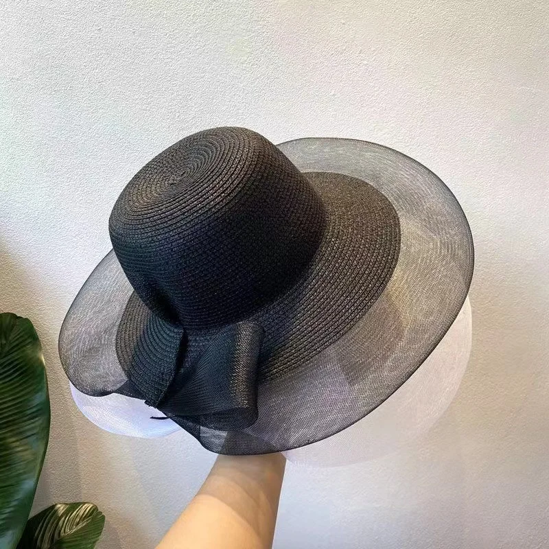 

French Elegant Beach Hat for Women Foldable Mesh Patchwork Fisherman's Hat Celebrity Fashion Wedding Cap Outing Holiday Sun Cap