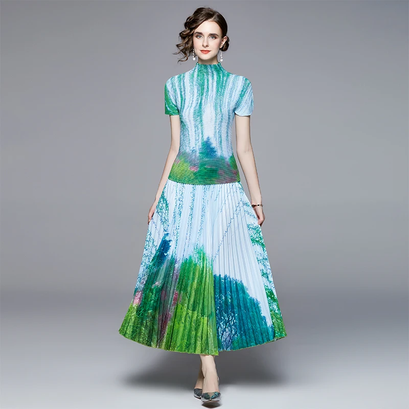 

New Summer Ladies Fashion Print Set Women Short Sleeve Top + Elastic Waist Long Maxi Pleated Skirt Two Piece Outfits