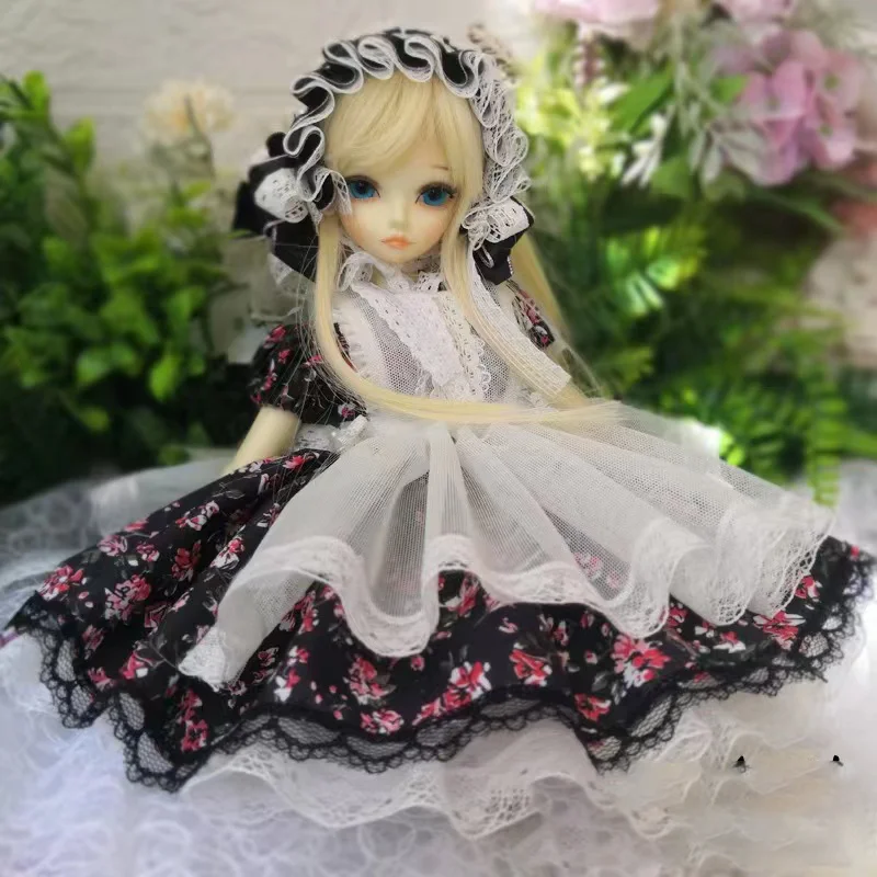 

Hand made 1/4 45cm 50cm BJD SD MDD Baby Doll Clothes Pastoral maid baby clothes Lolita black and white floral skirt