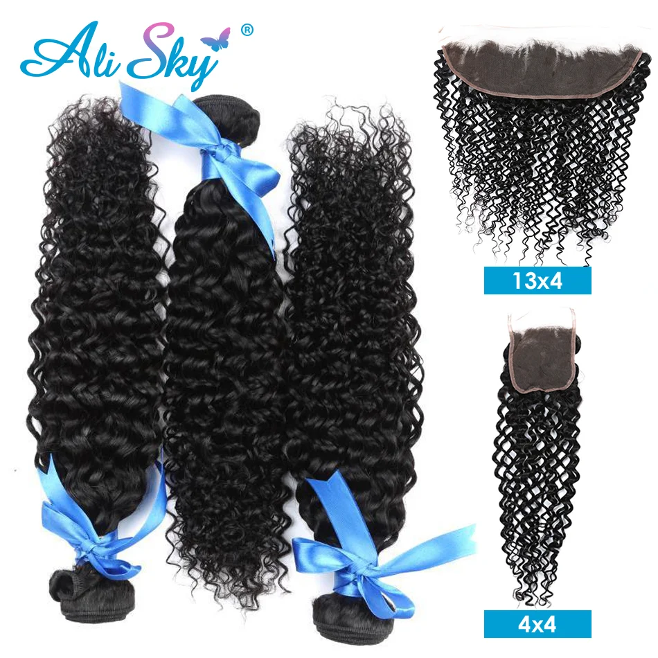 

Kinky Curly 3Bundles With 13X4 Ear To Ear Lace Frontal PrePlucked With Baby Hair Long 30inch Curly Bunldes With 4x4Lace Closure