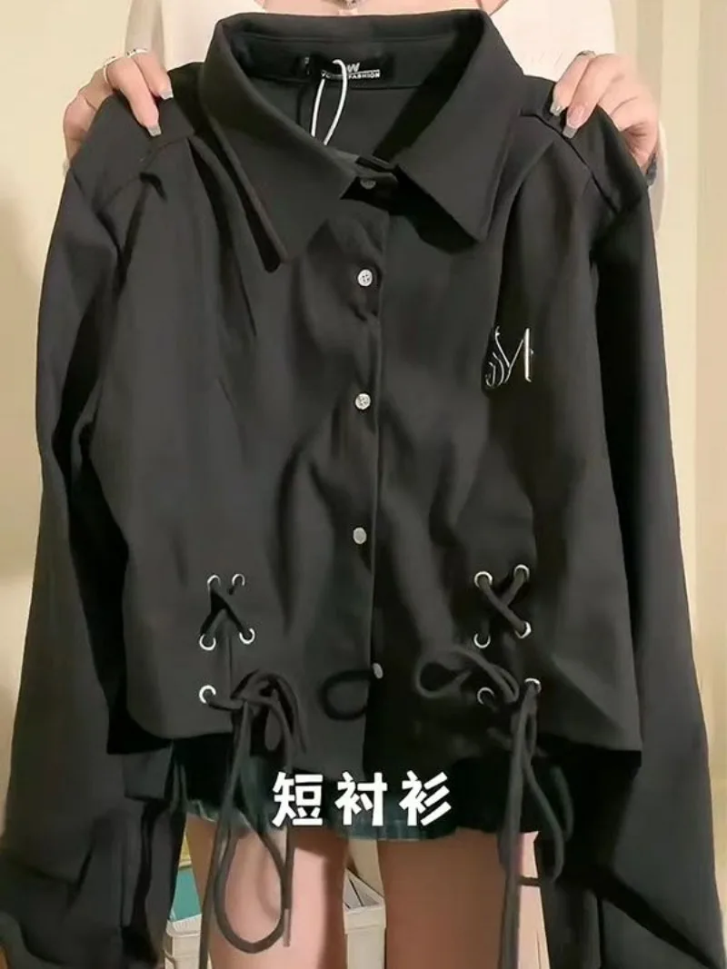 

Turn Down Collar Drawstring Bandage Shirts Vintage American Style Fashion Streetwear Blusas Single-breasted Design Sense Blouses