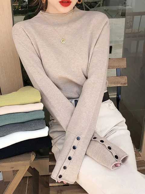 

Hot Sale 2023 Sweater Women Knitted Pullover Autumn Winter Thick Sweater Long Sleeve Turtleneck Button Jumper Soft Warm Pull Fe