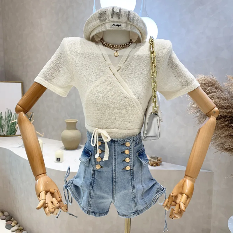 

Niche Design New Women 2022 Summer Short Versatile V-neck Lace Up Breathable Knitted Sunscreen Short Sleeved Cardigan Top