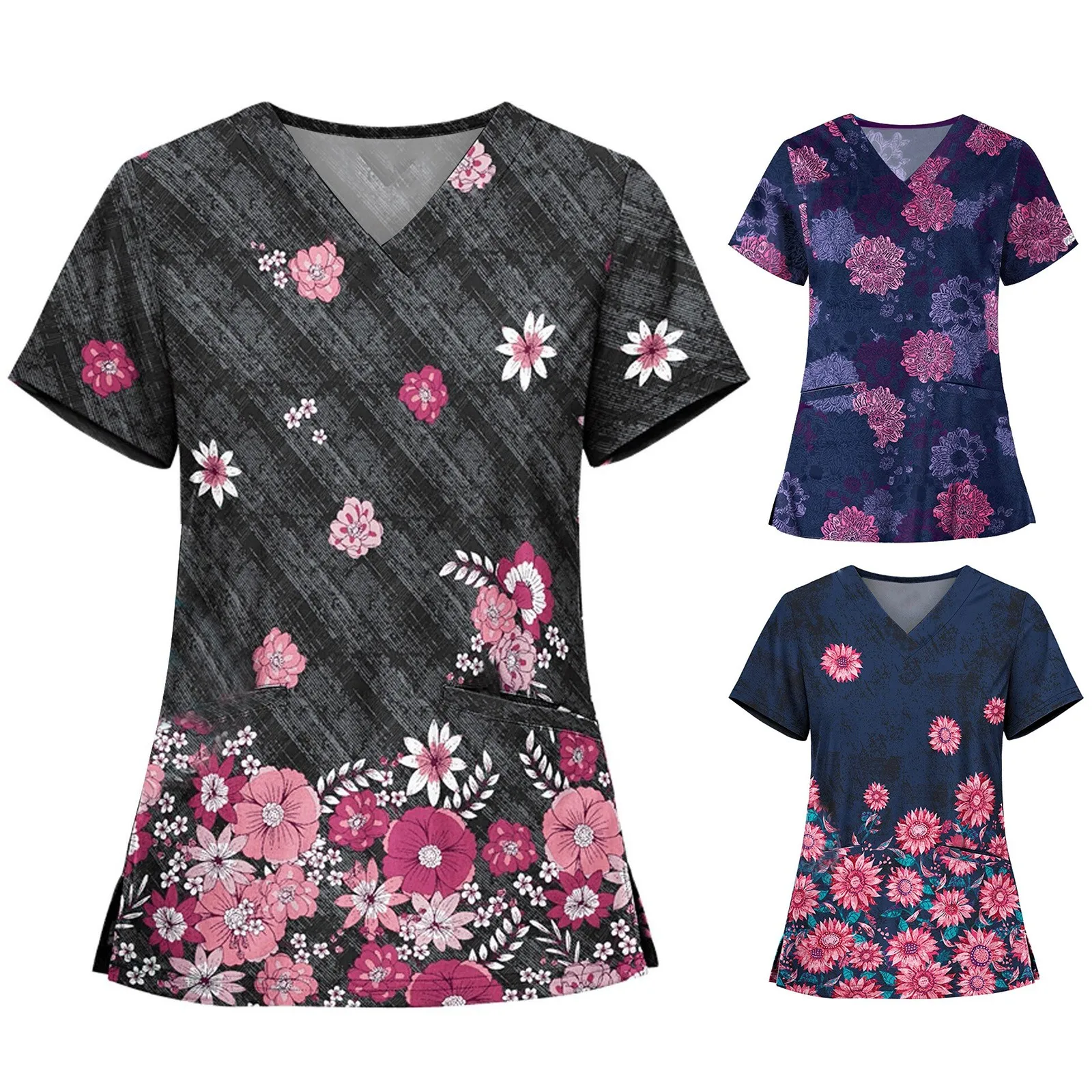 

Summer Womens Short Sleeve V Neck Flower Printed Top Nursed Working T Shirts Blouse With Pockets Thick Long Sleeve T Shirt Women
