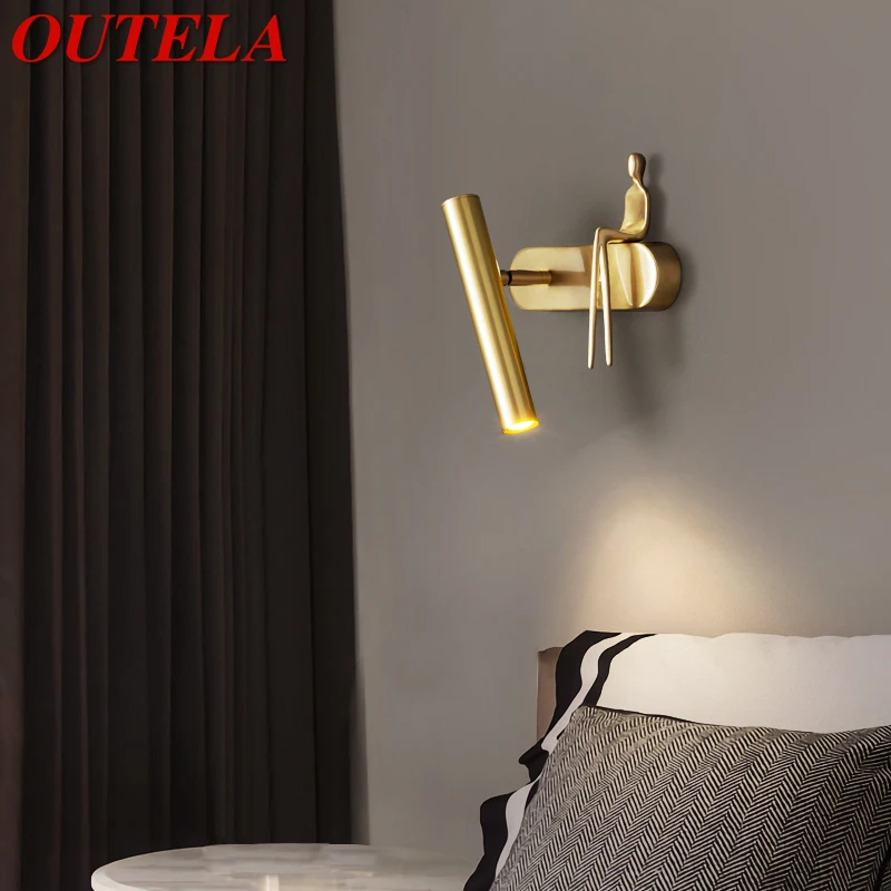 

OUTELA Contemporary Brass Wall Lighting LED 3 Colors Gold Sconce Lamp Little Copper Man Creative Decor for Home Bedside