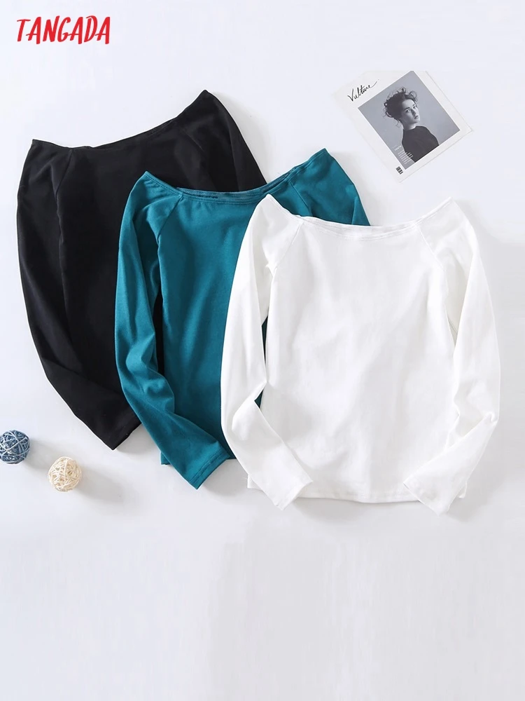 

Женская футболка из хлопка с открытыми плечами и длинным рукавом