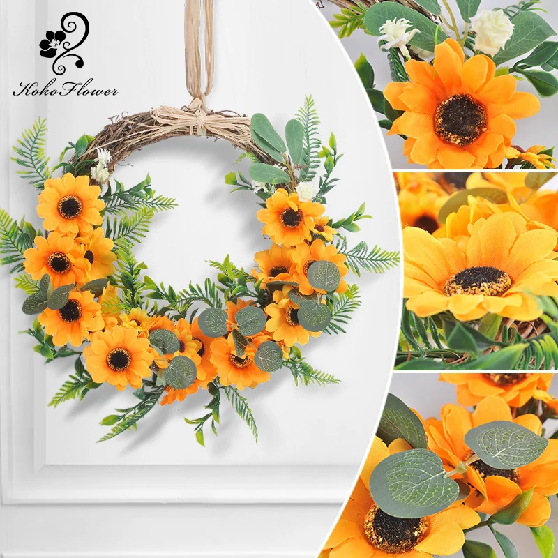 

Koko Flower Artificial 40cm Sunflower Wreath Party Home Wedding Front Door Indoor Wall Window Summer Large Wreaths Home Decore