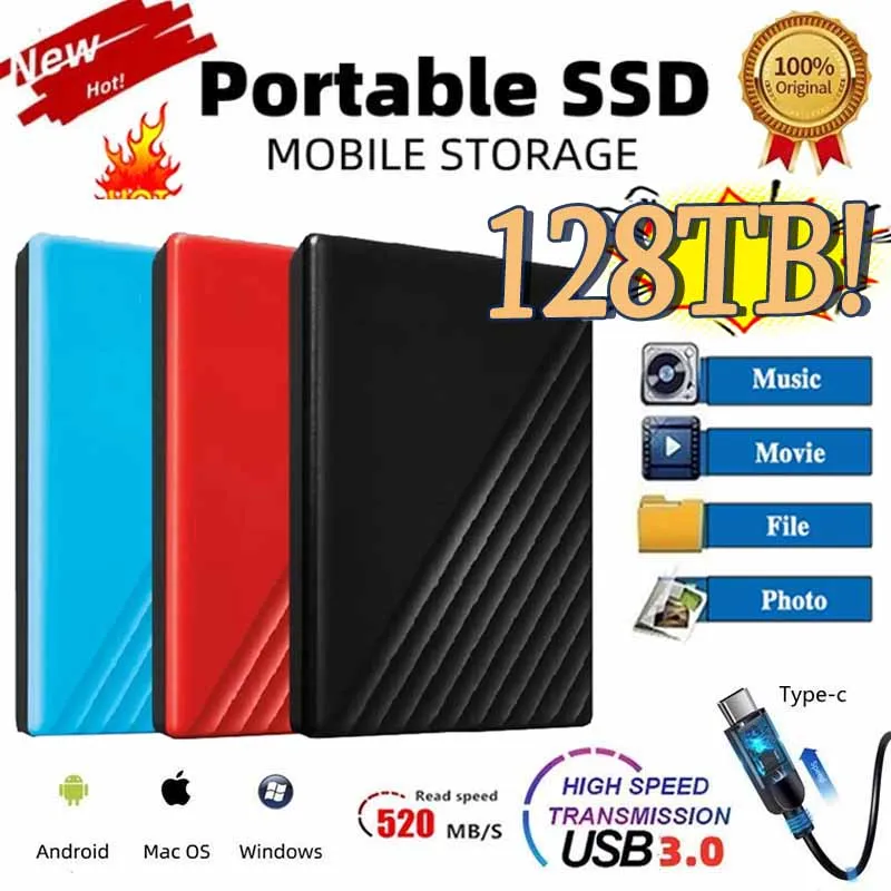 

Portable SSD 128TB 1TB 2TB High-speed Mass Storage USB 3.0 Original External Hard Drive Interface for Laptops Computer Notebook