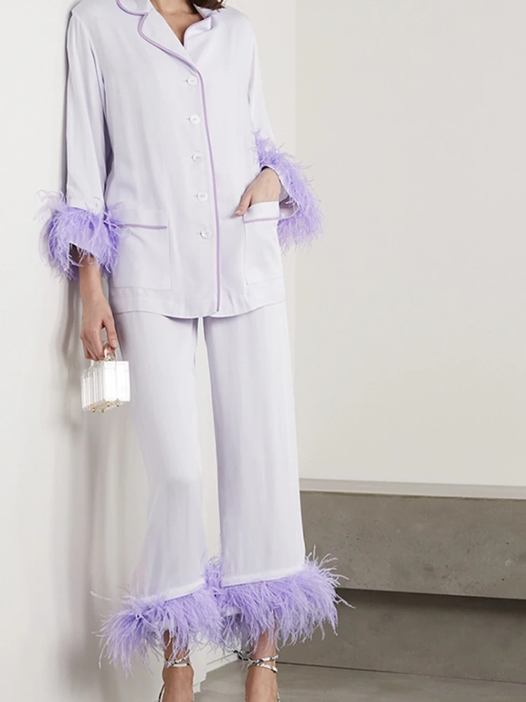 

Sexy V Neck Long Sleeve Ostrich Feather Design 2 Piece Set Women Purple Feathers Long Pants 2 Piece Set Elegant Party Club Suits