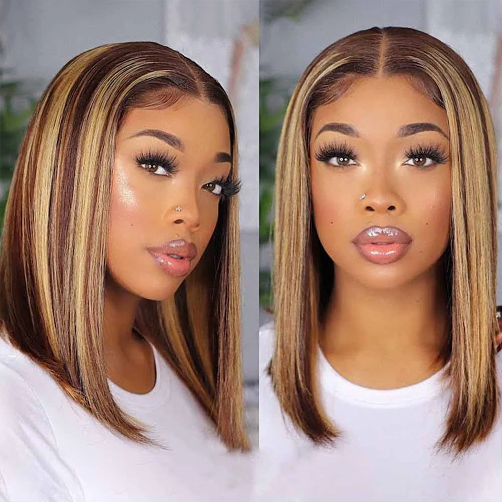 Highlight Bob Wig Human Hair Wigs for Women Brazilian 13x1 T Part Honey Blonde Ombre Colored Bob Wig Straight Lace Front Wigs