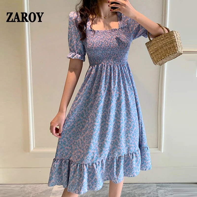 

ZAROY Boho Floral Print Women Midi Dress Summer Short Puff Sleeve Suqare Neck Elegant Dress Casual Elastic Waist Beach Vestidos