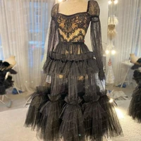 square neck prom dress black tulle dress lace midi dress long tulle ball gown layered evening dresses elegant womens dress