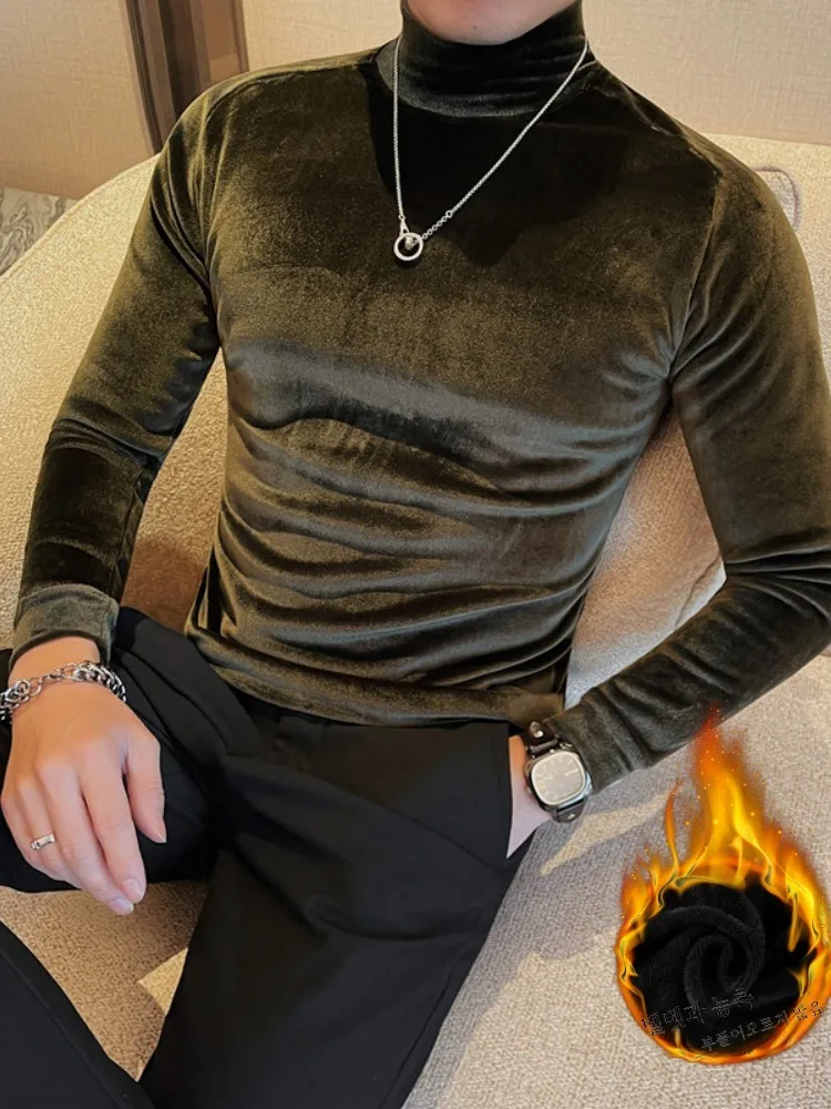 Зимняя корейская рубашка приталенного кроя мужская с высоким воротником и