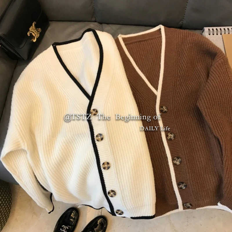 

Женский кардиган с V-образным вырезом, белый или черный однотонный плотный свитер, верхняя одежда, 2022