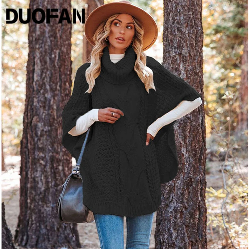 

DUOFAN Sweater for Women Oversized Knitted Turtleneck Casual Elegant Twist Braid Knitwear Shawl Pullovers Outer Cozy Jumpers