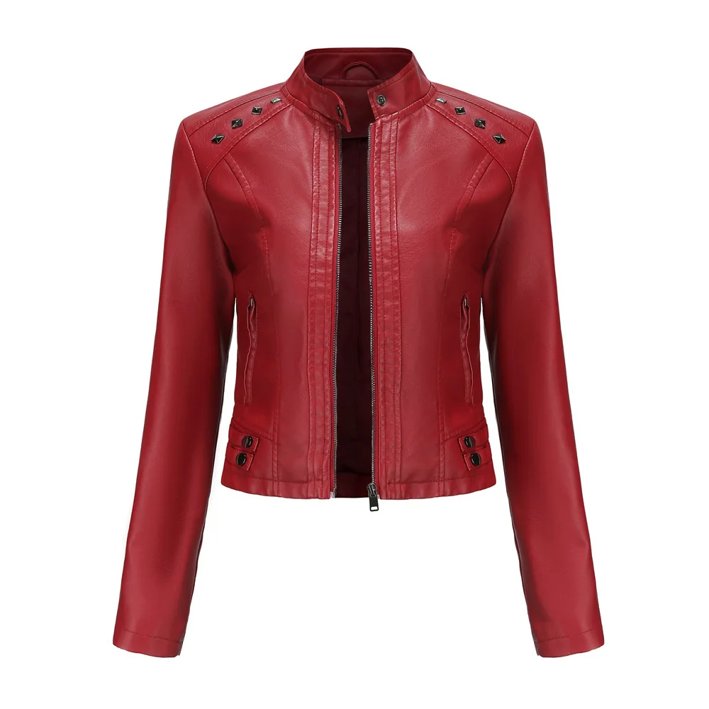 Rivet Short Leather Jacket Women Spring Autumn Long Sleeve Stand Collar PU Leather Coat Moto Biker Zipper Jacket Ladies Outwear