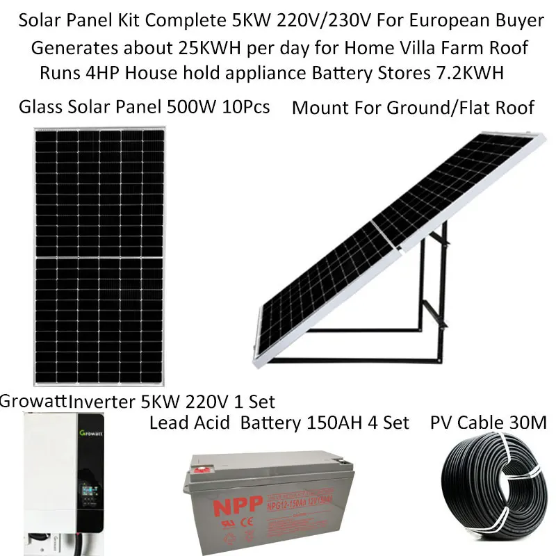 Solar System For Home Complete Kit 5000W 5KW 220V 110V Solar Panel 500W Battery Off Grid Ground Mount Growatt Hybrid Inverter