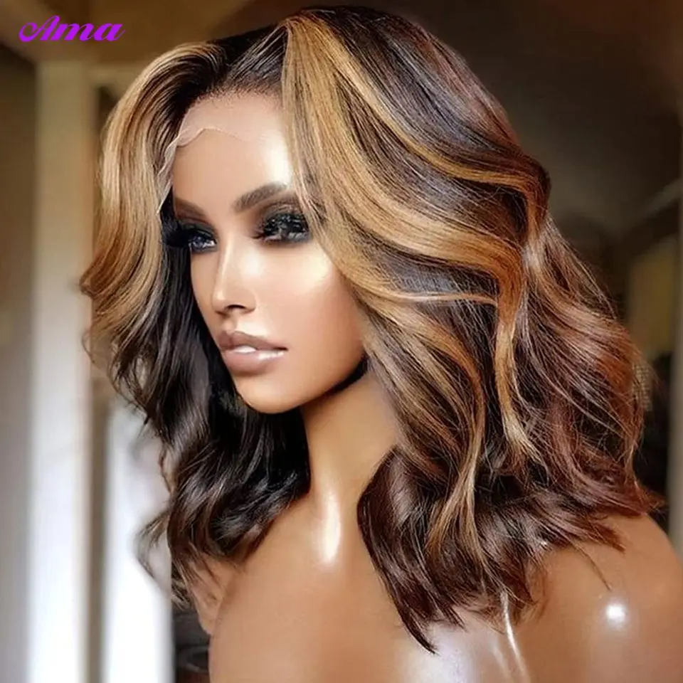 Short Bob Wig Lace Front Human Hair Wigs 4 27 Brown Highlight Wig Human Hair Body Wave Bob Wigs Transparent Lace Wigs For Women