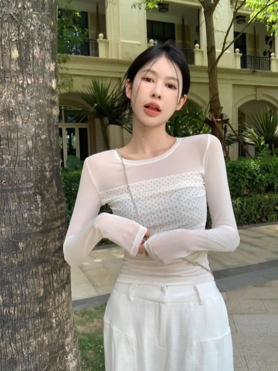 Микро-перспективная летняя Цветущая сетка с круглым вырезом облегающая футболка