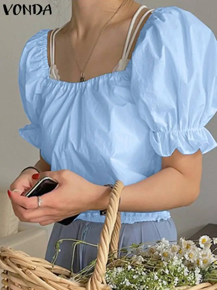 

Women Shirts 2023 VONDA Vintage Short Sleeve Shirts Square Collar Ruffled Blouse Casual Pleated Tunic Tops Blusas Femininas