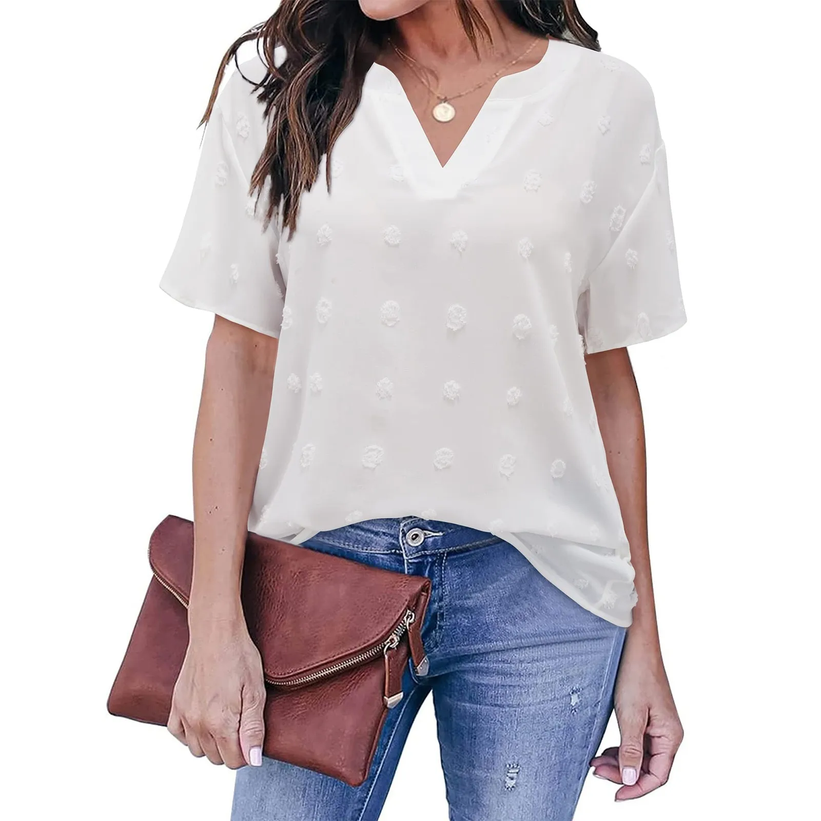 

Женская туника с коротким рукавом, V-образным вырезом, в горошек