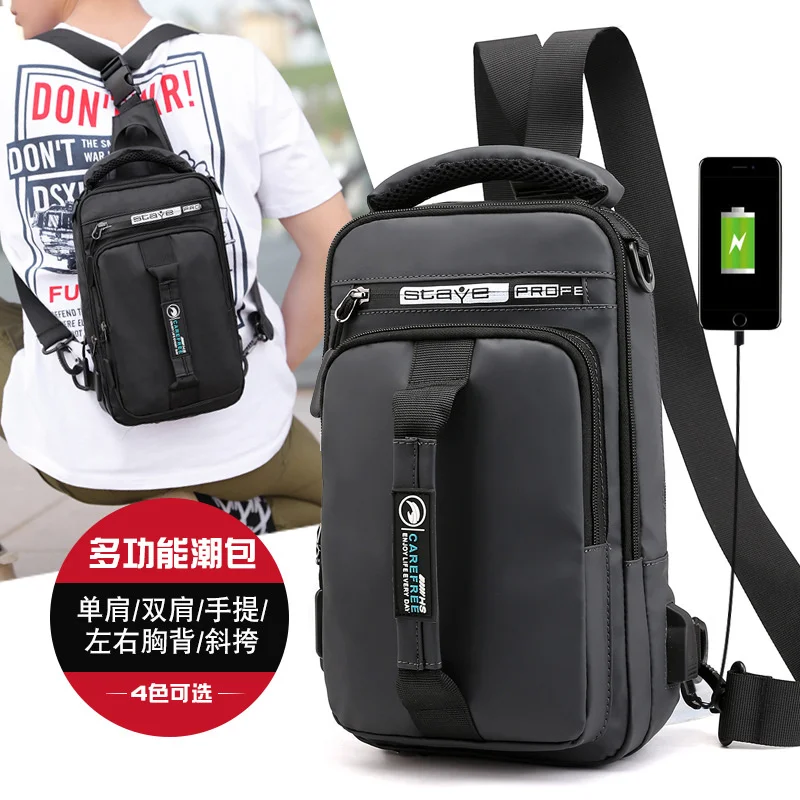 

Men Nylon Backpack Rucksack Cross body Shoulder Bag with USB Charging Port Travel Male Knapsack Daypack r Chest Bags New