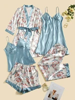5pcs floral print belted satin robe cami top night dress pants shorts