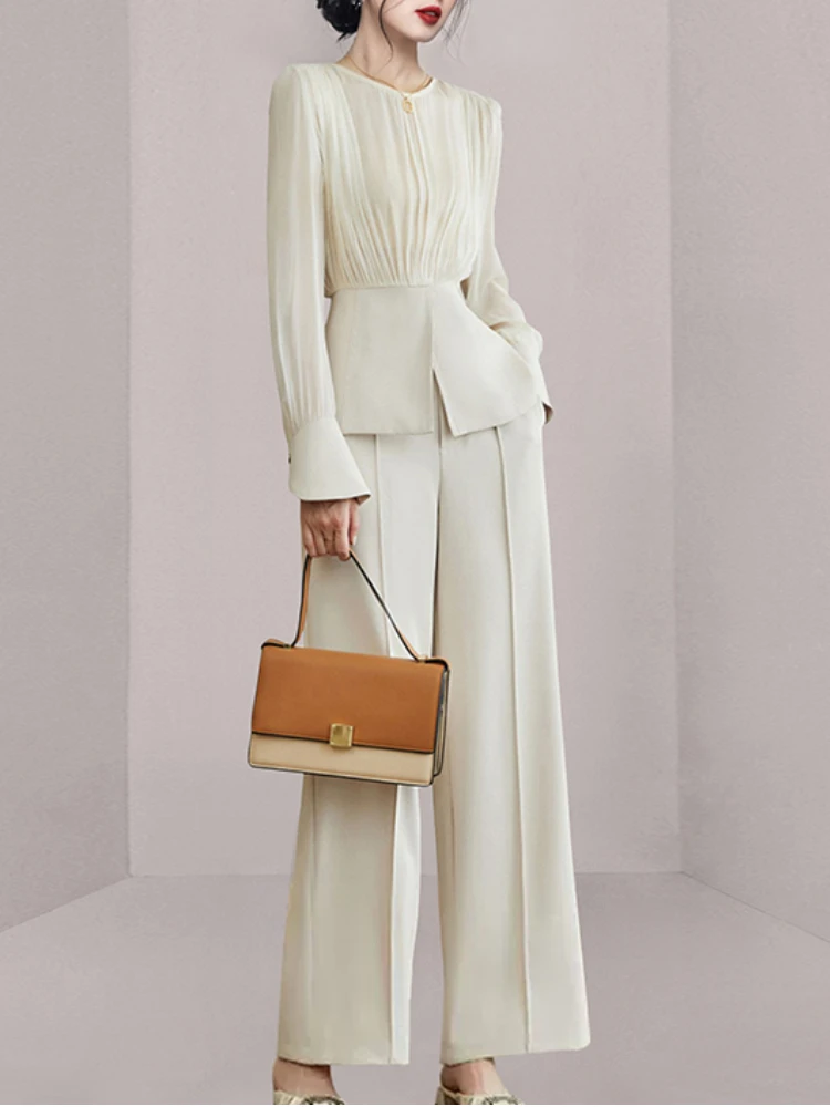 

Fashion Korean Women Vintage Pantsuit Long Sleeve Shirts Tops Wide Leg Trousers 2 Pieces Set Female Chic Outerwear Outfits New
