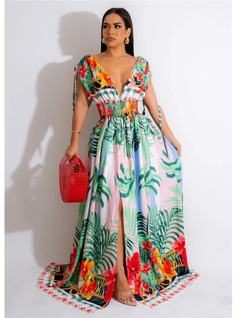 

Женское винтажное платье с цветочным принтом, длинное вечернее платье макси с оборками на плечах и глубоким V-образным вырезом, лето