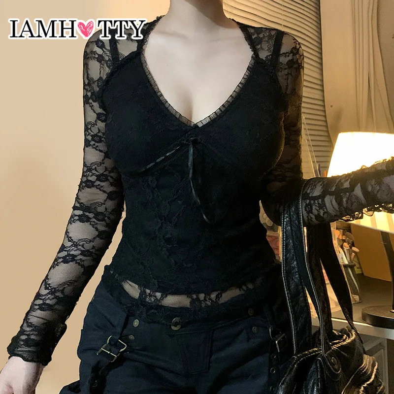 Футболка IAMHOTTY с цветочным принтом и кружевным рукавом Готическая футболка