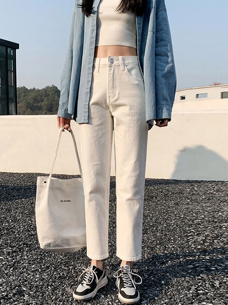 

White Straight-leg Jeans Women's Boyfriend 2022 High-waisted Cigarette Pipe Ankle Length Denim Pants Soft Cozy Women Clothing