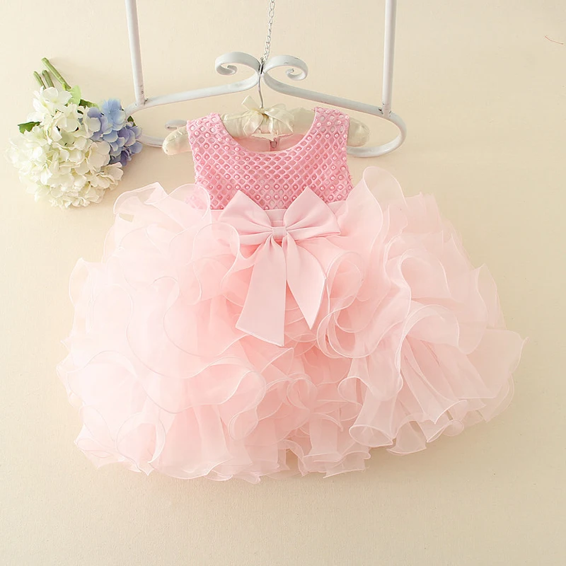 

Baby Girls Ruffle Princess Dress Flower Girls Wedding Gown Tulle Tutu Sleeveless Dresses Kids Bowknot Birthday Party Dress Pink