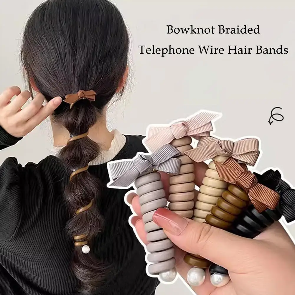 

New Telephone Wire Bow Pearl Hair Bands Spiral Scrunchies High Elasticity Ponytail Holder Fashion Women Girls Hair Accessories
