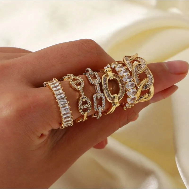 

18K Gold Plated Cubic Zirconia Rings Adjustable Open Shiny CZ Zircon Stone Paved Stackable Eternity Wedding Zircon Ring