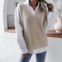 new womens solid color loose knitted vest sweater v neck sleeveless thickened casual sweater suit womens vest chic top autumn