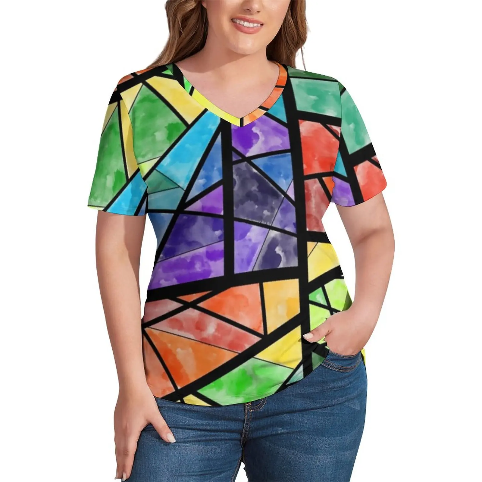 

Красочная футболка с геометрическим рисунком, винтажные футболки с принтом из витражного стекла, футболки с коротким рукавом и V-образным в...