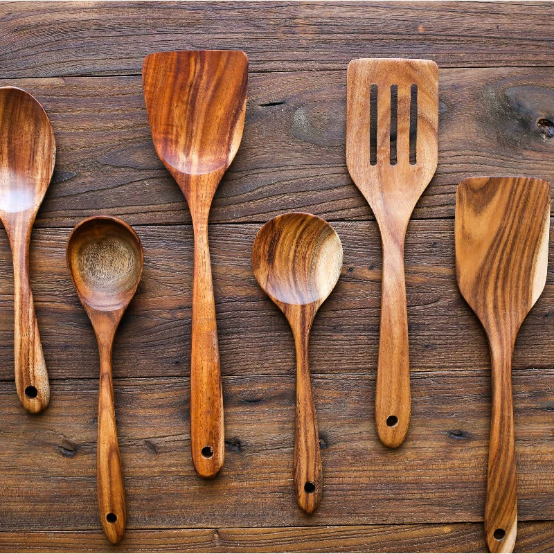 

4/7pcs/set Teak Natural Wood Tableware Spoon Set Dessert Spoon Tableware Coffee Honey Spoons Stir Long Scoop Soup Rice Spoon