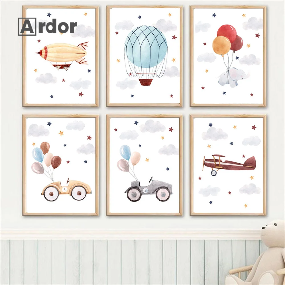 

Helicopter Airplane Hot Air Balloon Clouds Star Nursery Art Canvas Painting Nordic Posters Prints Wall Pictures Kids Room Decor