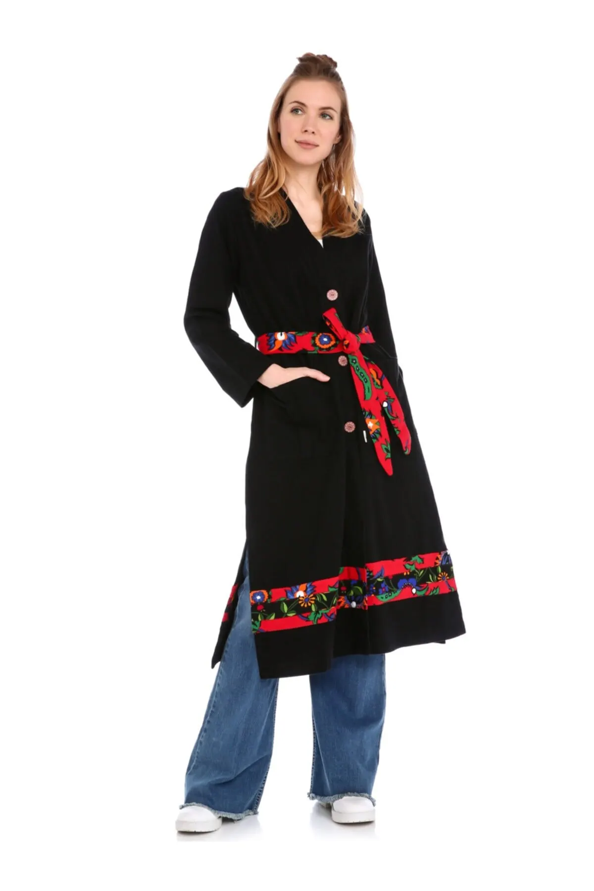 

Women's Kimono Bohemian And Ethnic Style Cardigan Winter Kimono From Black Flannel Fabric Fashion Dressing Gown For Women