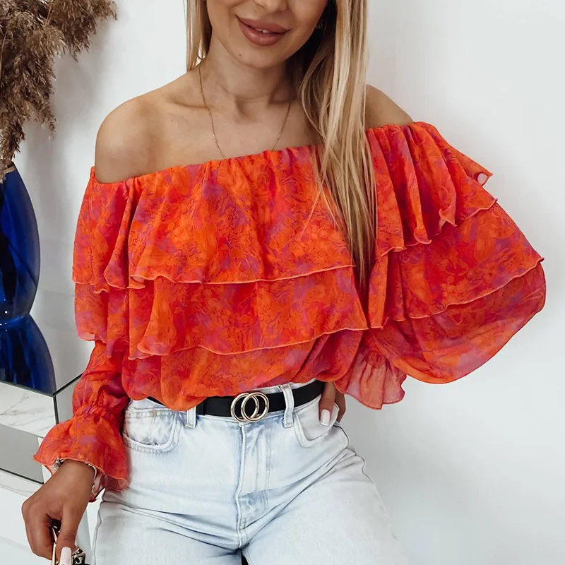 

Sexy Slash Neck Floral Print Chiffon Top Women Casual Long Sleeve Open Back Streetwear Shirt Fashion Layered Ruffle Loose Blouse