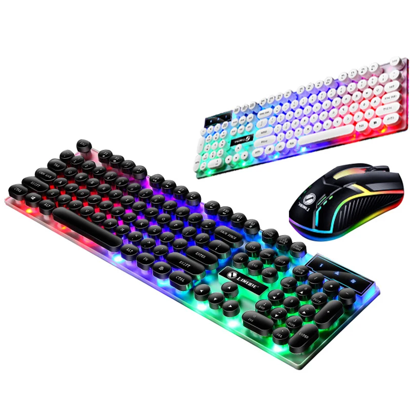 

Retro Punk Keyboard Mouse Combos Mechanical Feel Gaming Backlit USB Wired Keyboard With Suspended Round Keycaps For PC Gamer