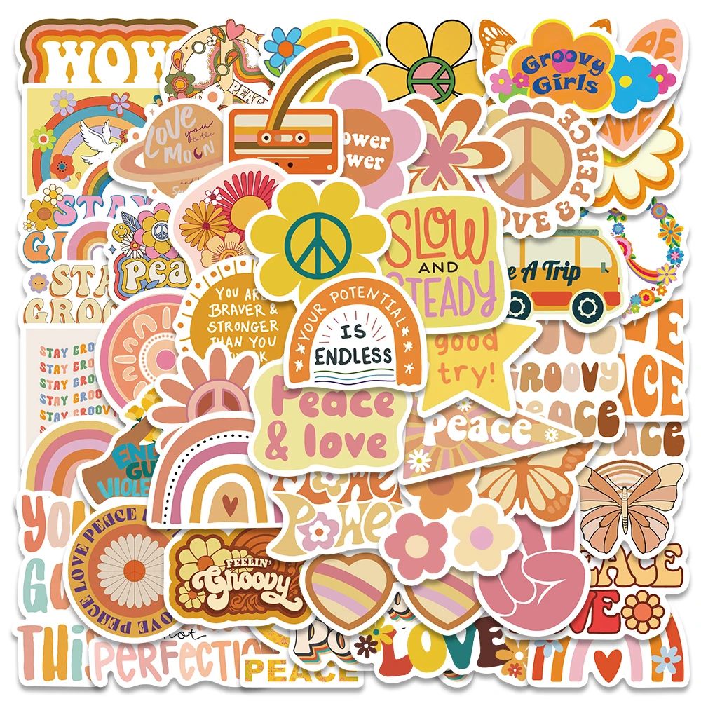 

10/50pcs Cartoon Retri Groovy Boho Hippie Stickers For Laptop Luggage Guitar Phone Waterproof Graffiti Skateboard Car Decals